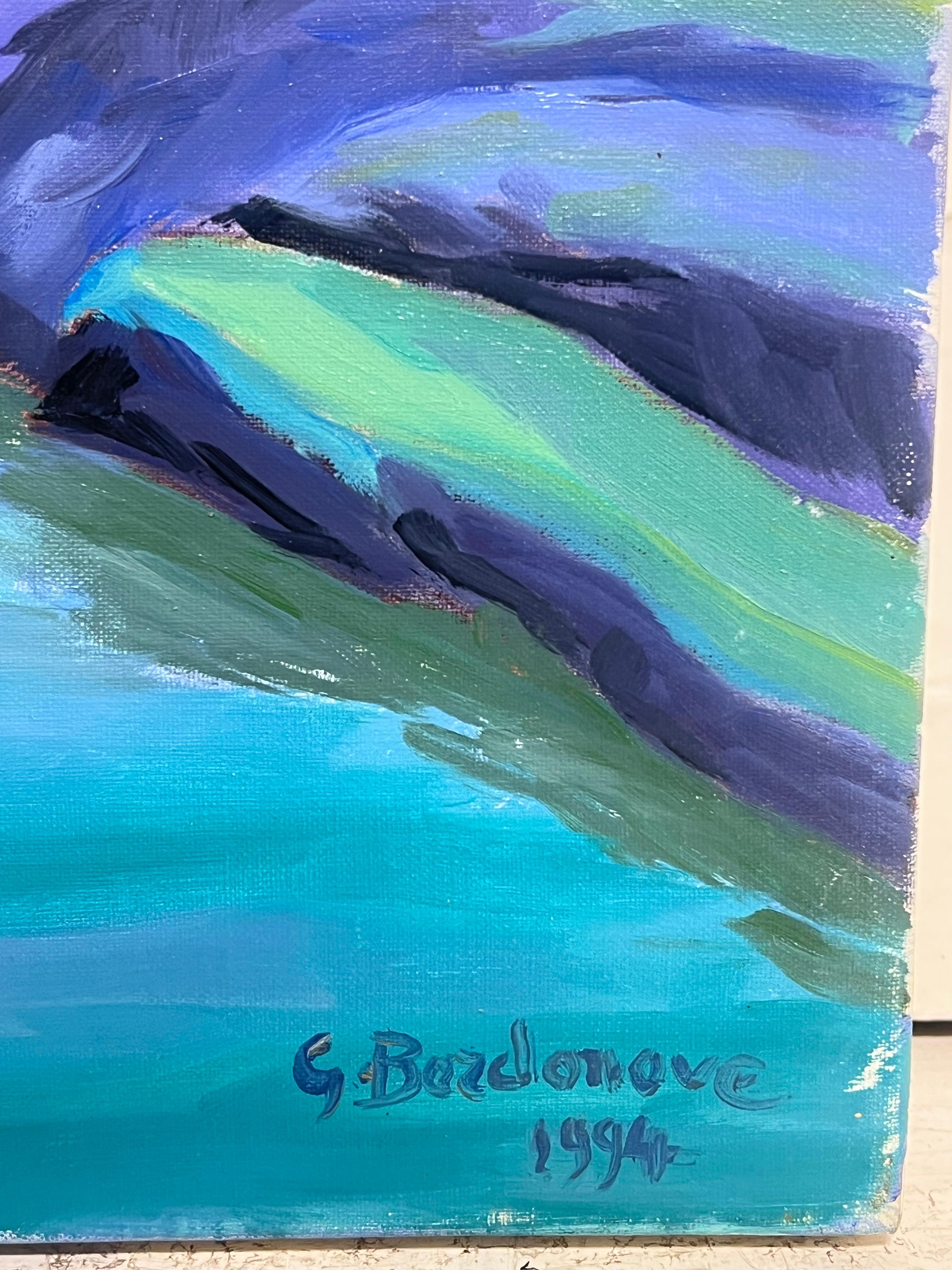 Pittura ad olio impressionista francese della valle montana di colore blu e verde brillante in vendita 4