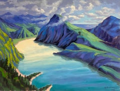 Pintura al óleo impresionista francesa de un valle montañoso verde y azul brillante