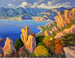 Bright Blue Sea and Sky Coastal Landscape Contemporary French Impressionist Oil