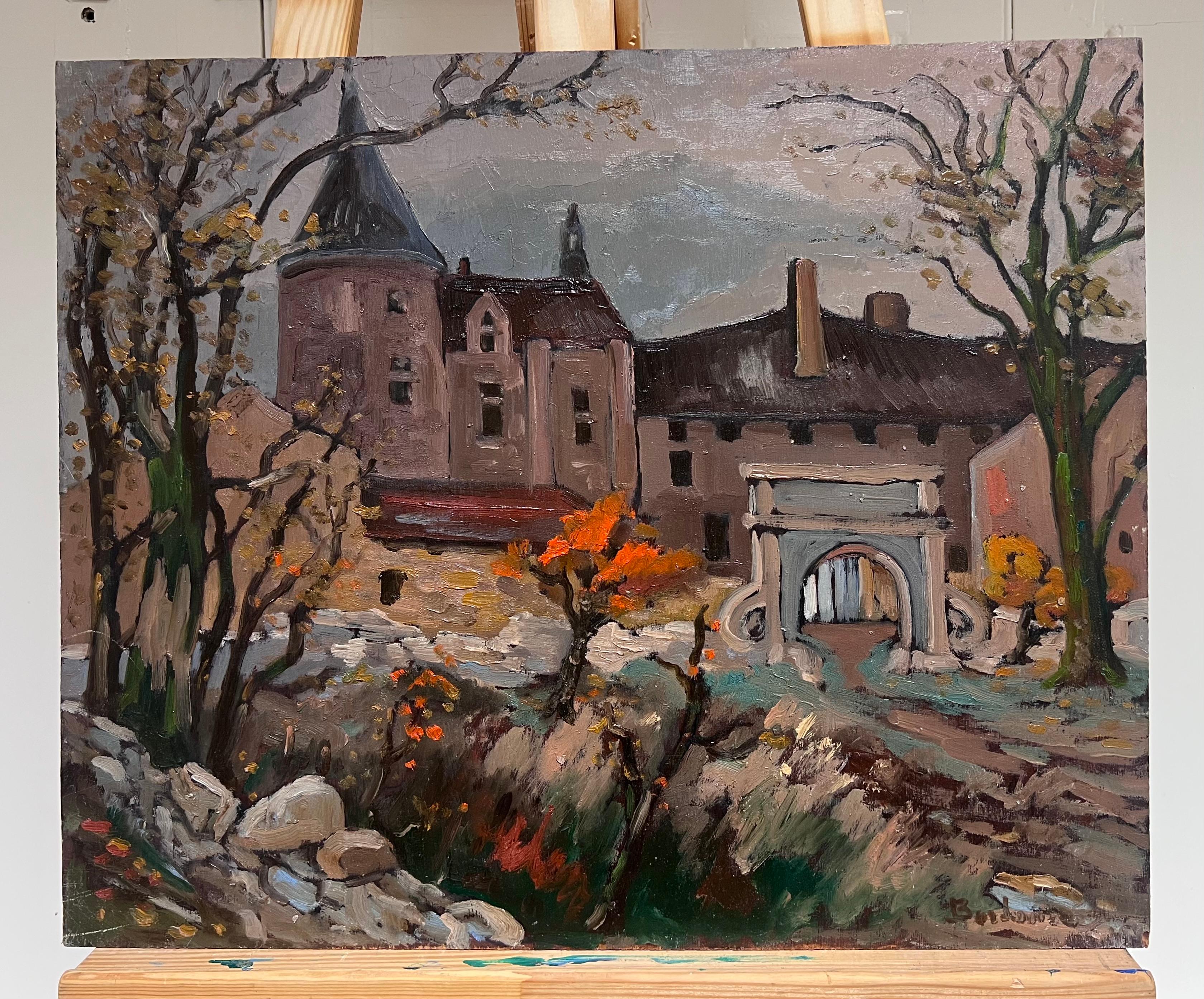 Chateau Gardens in Quiet French Village Autumnal Impressionist Oil Painting - Gray Landscape Painting by Georges Bordonove