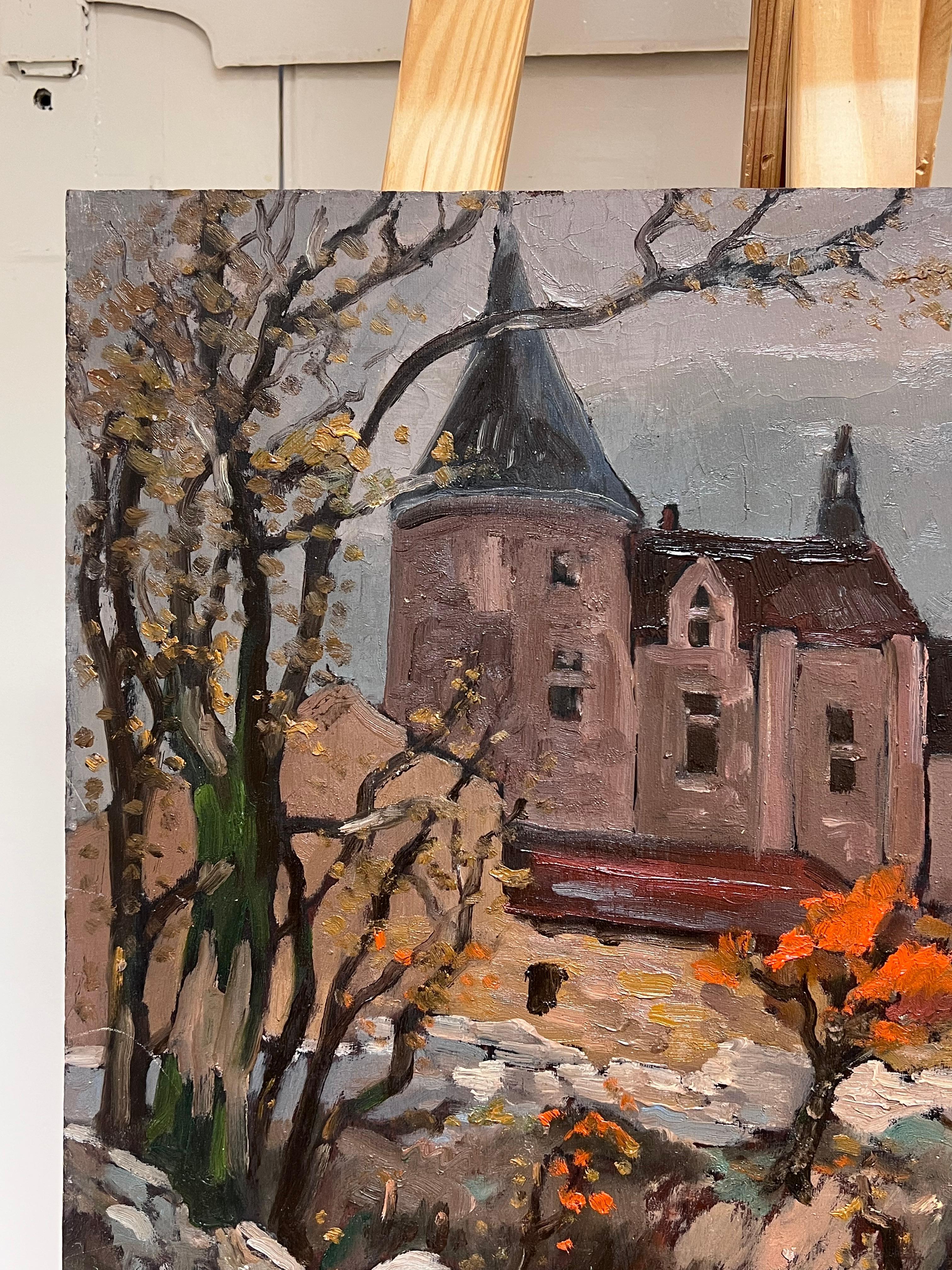 Chateau Gardens in Quiet French Village Autumnal Impressionist Oil Painting For Sale 1