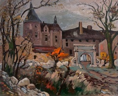 Jardines de un castillo en un tranquilo pueblo francés Pintura al óleo impresionista otoñal