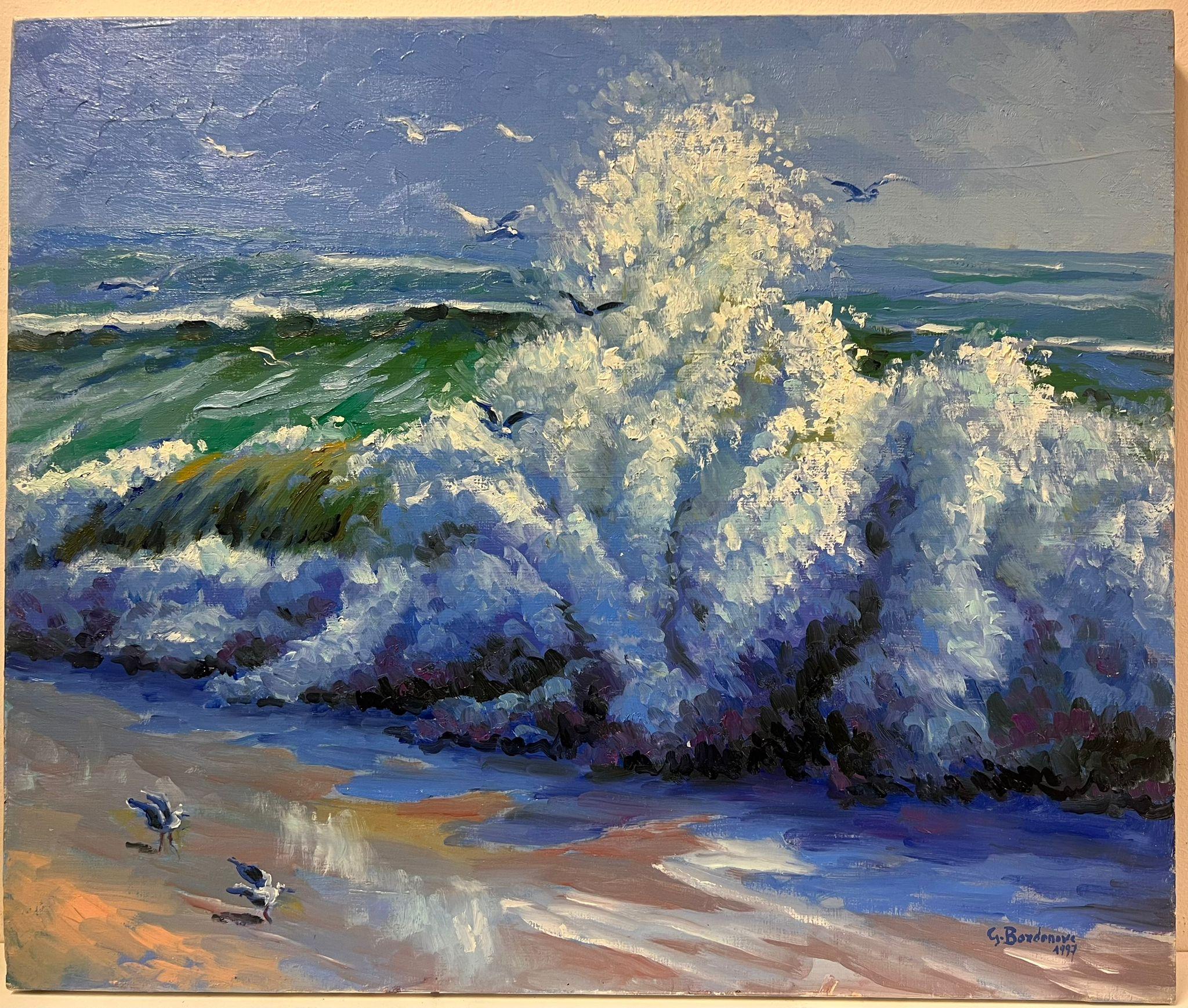 Coastal-Szene mit Crashing Waves, Möwen im Flug und lebhaften Ozeanfarben – Painting von Georges Bordonove