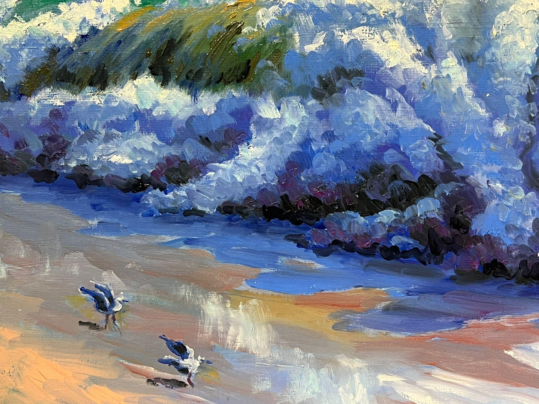 Coastal-Szene mit Crashing Waves, Möwen im Flug und lebhaften Ozeanfarben (Grau), Landscape Painting, von Georges Bordonove