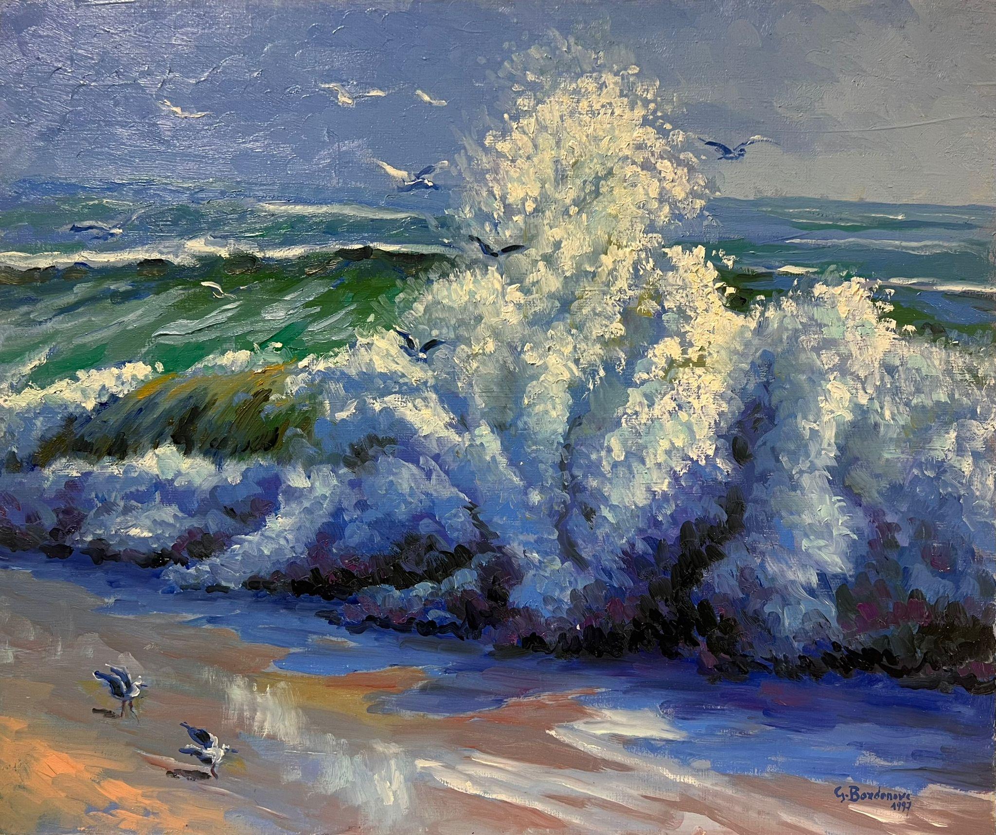 Coastal Scene with Crashing Waves Seagulls in Flight and Vibrant Ocean Colors