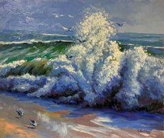 Coastal Scene with Crashing Waves Seagulls in Flight and Vibrant Ocean Colors