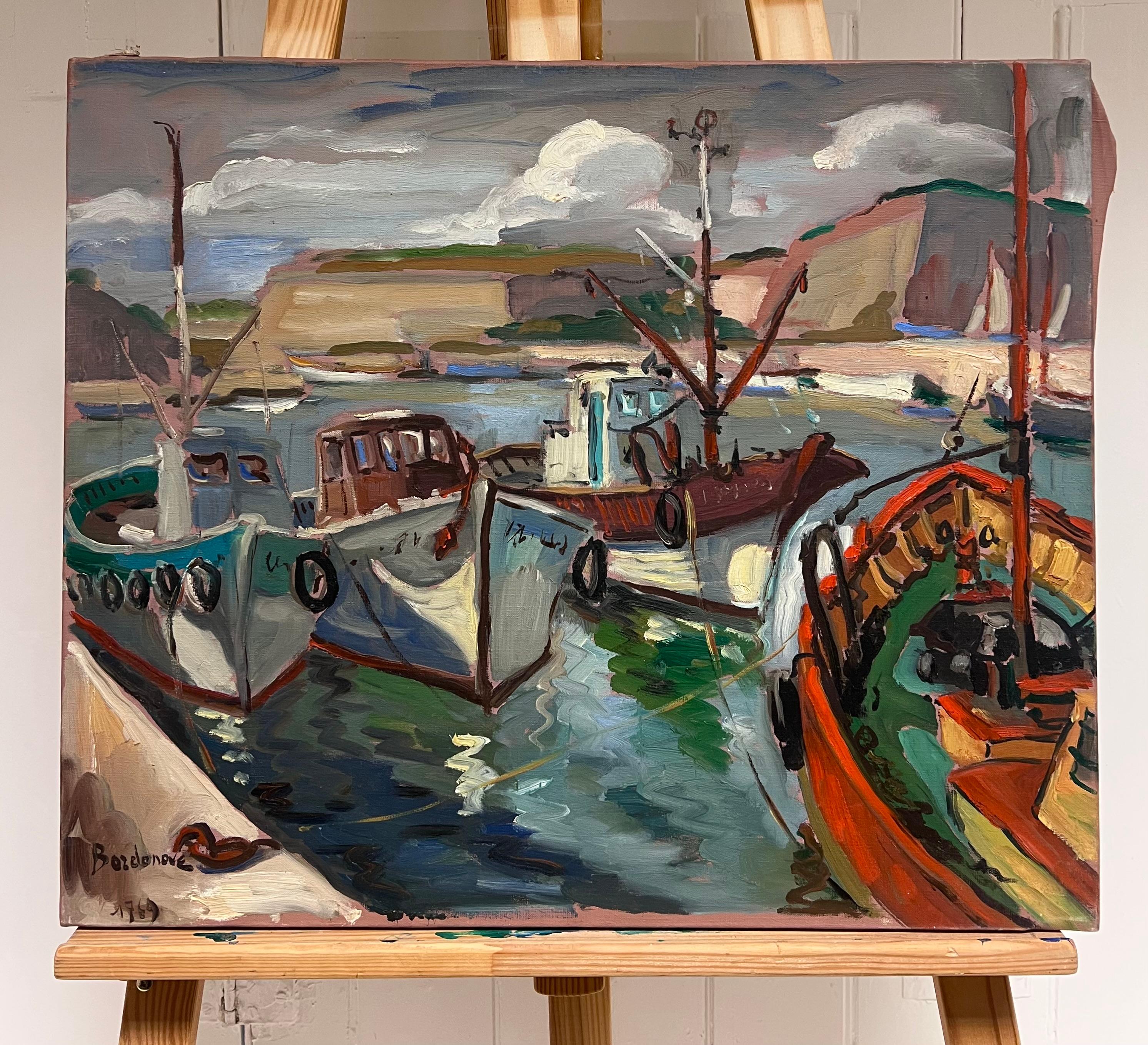 Colourful Docked Fishing Boats At The Harbour French Impressionist Oil Painting - Gray Landscape Painting by Georges Bordonove