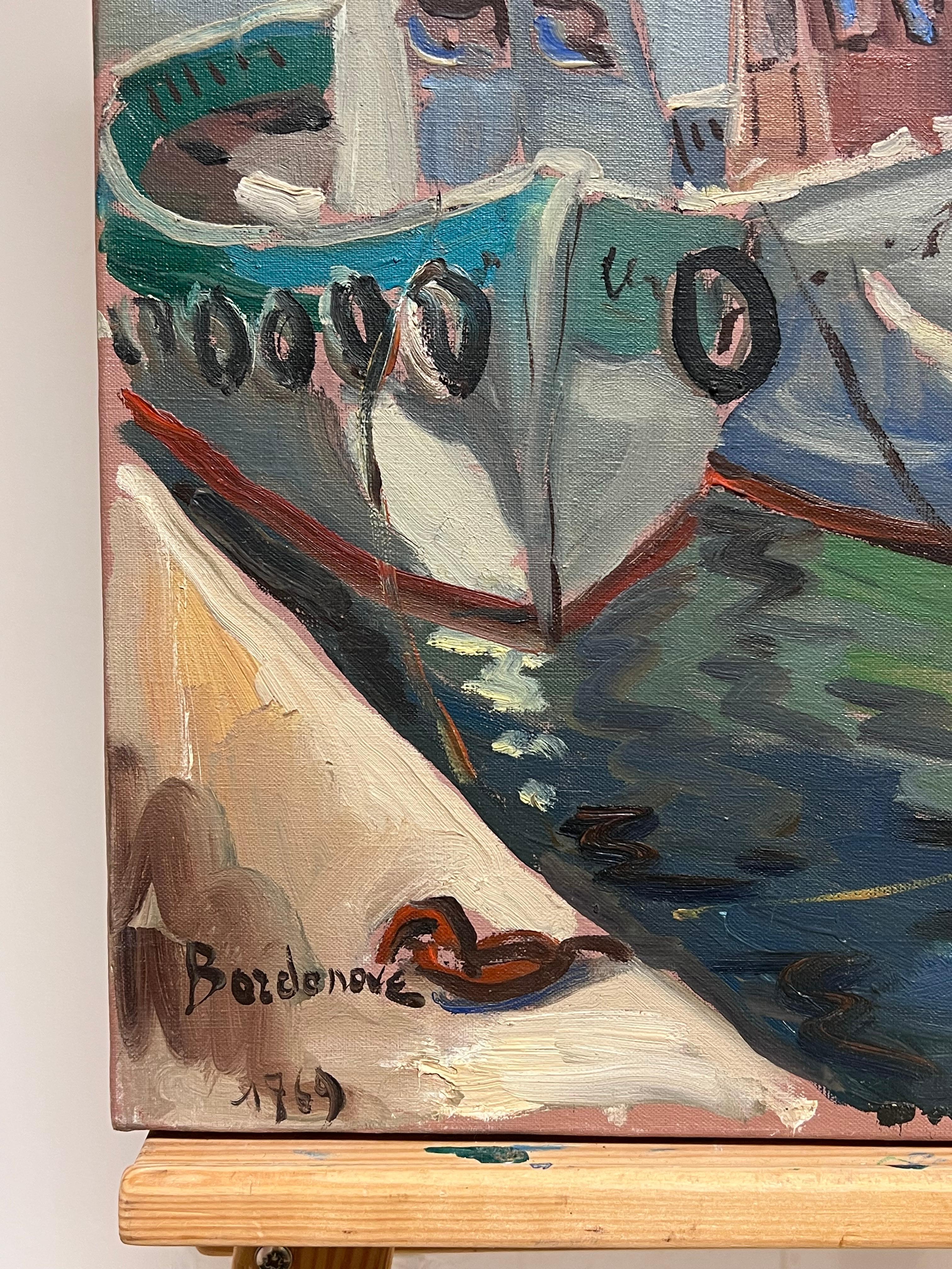 Colourful Docked Fishing Boats At The Harbour French Impressionist Oil Painting For Sale 1