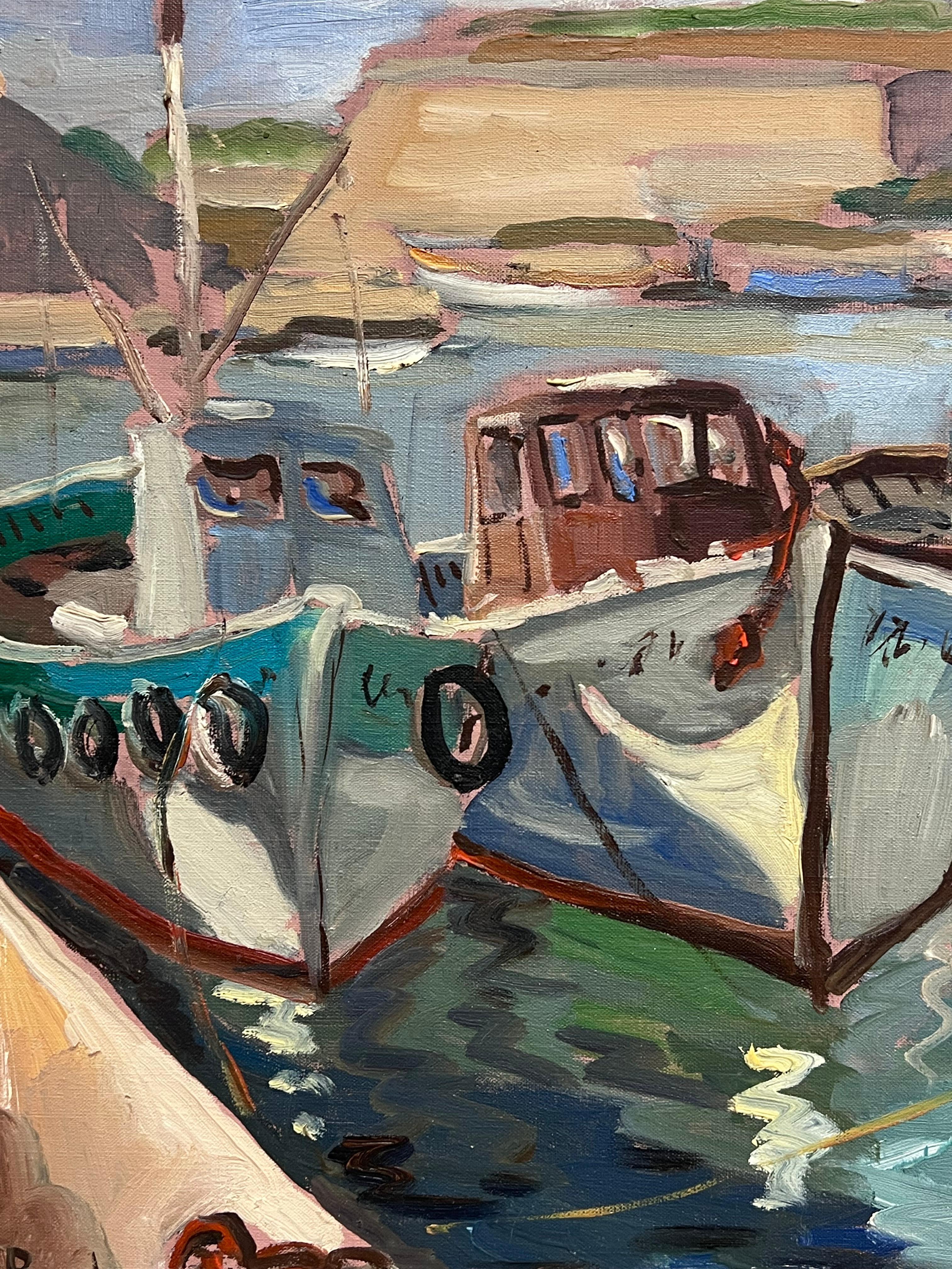 Colourful Docked Fishing Boats At The Harbour French Impressionist Oil Painting For Sale 2