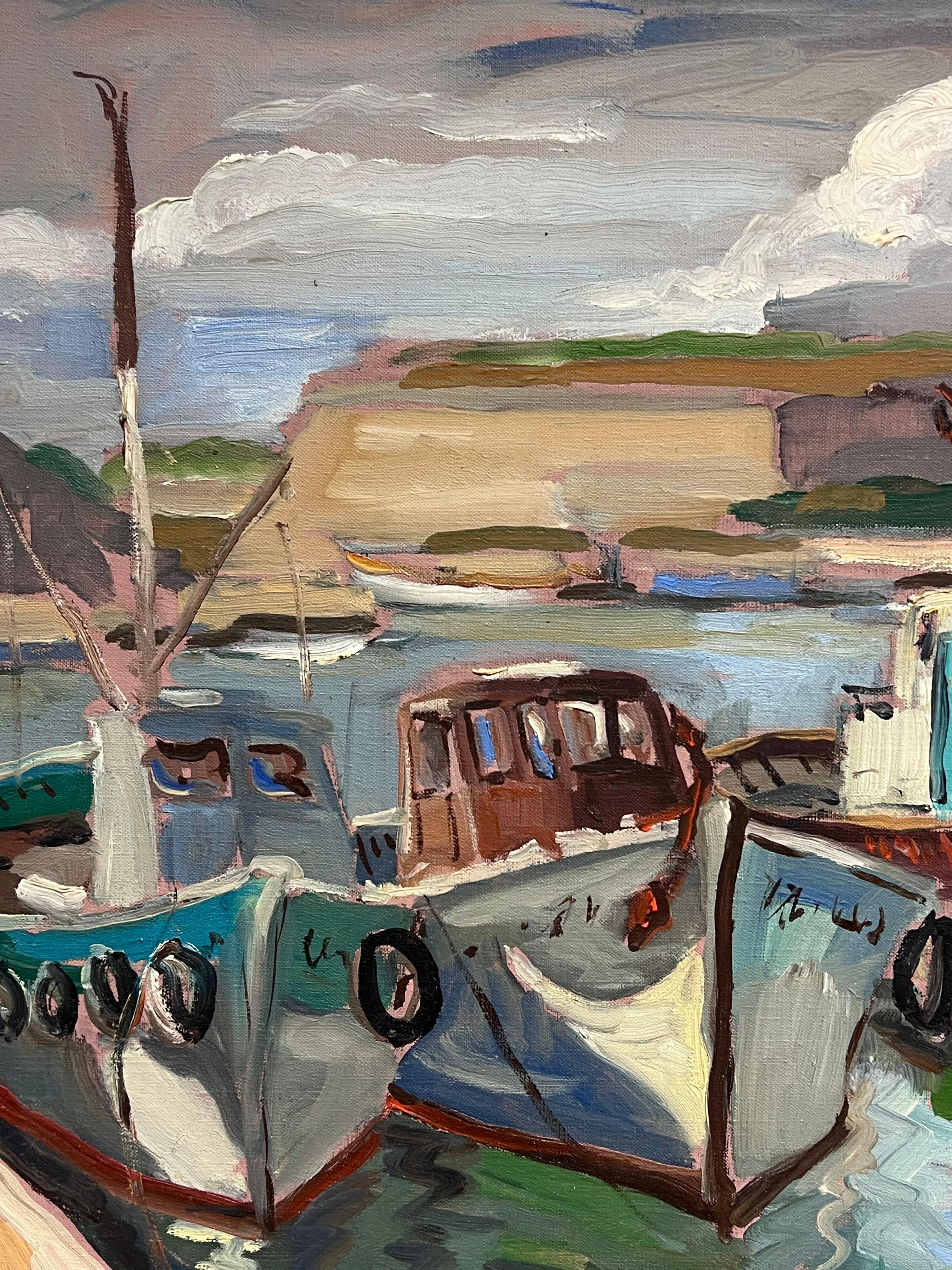 Colourful Docked Fishing Boats At The Harbour French Impressionist Oil Painting For Sale 3