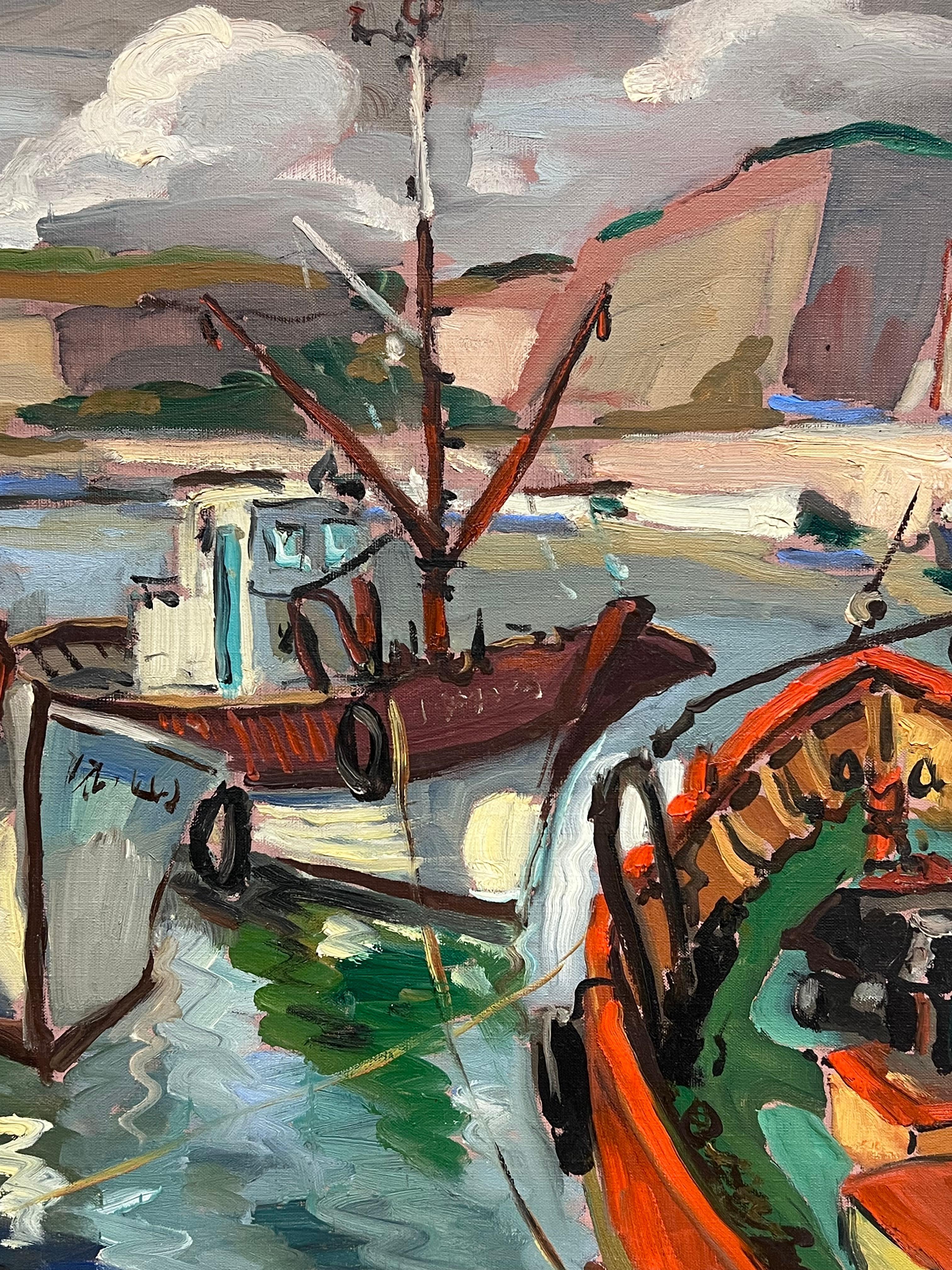 Colourful Docked Fishing Boats At The Harbour French Impressionist Oil Painting For Sale 4