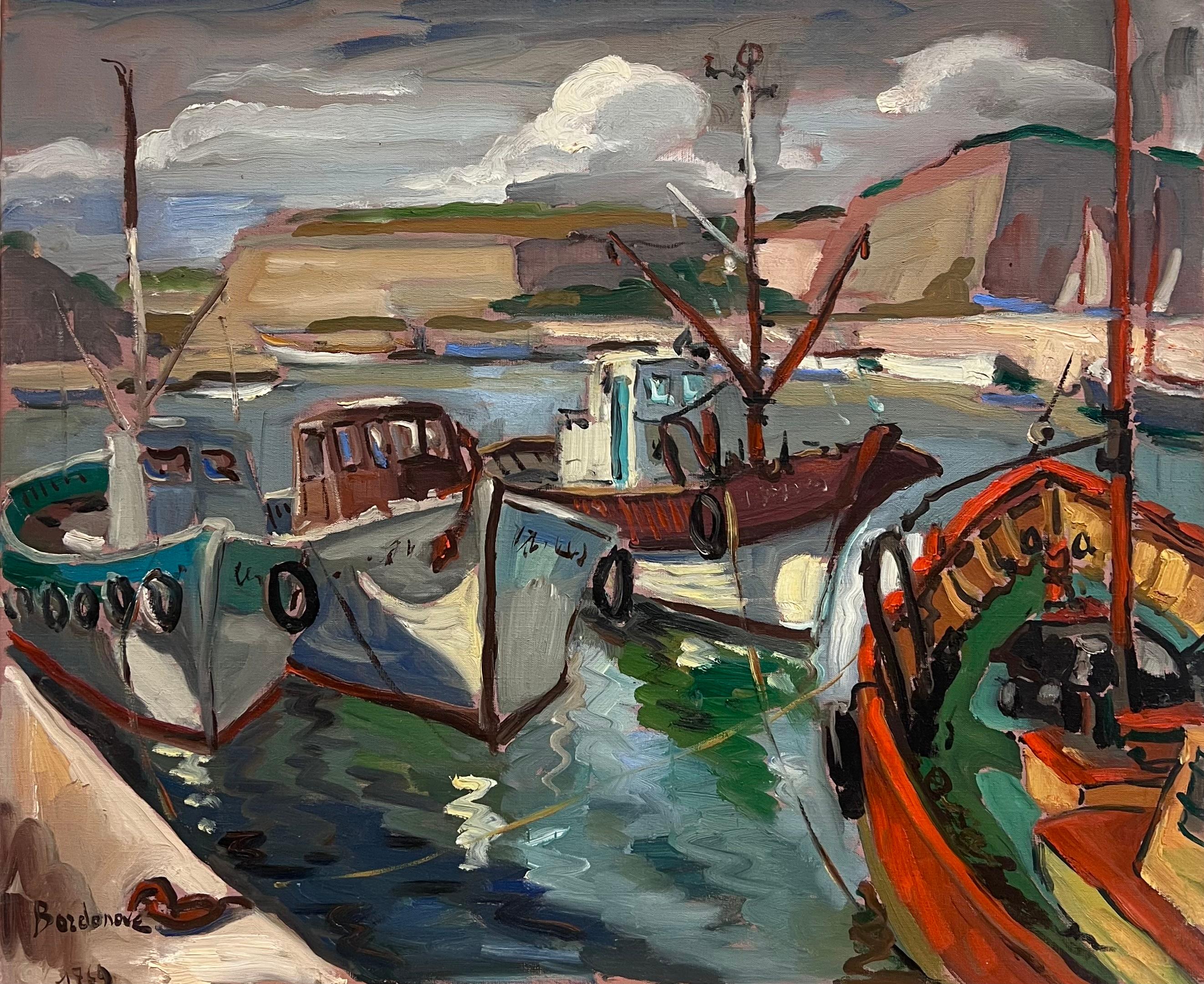 Georges Bordonove Landscape Painting - Colourful Docked Fishing Boats At The Harbour French Impressionist Oil Painting