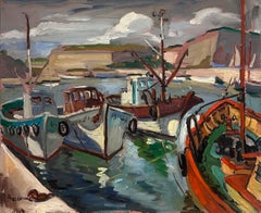 Vintage Colourful Docked Fishing Boats At The Harbour French Impressionist Oil Painting