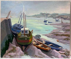 Contemporary French Impressionist Oil Beached Boats in Coastal Harbor