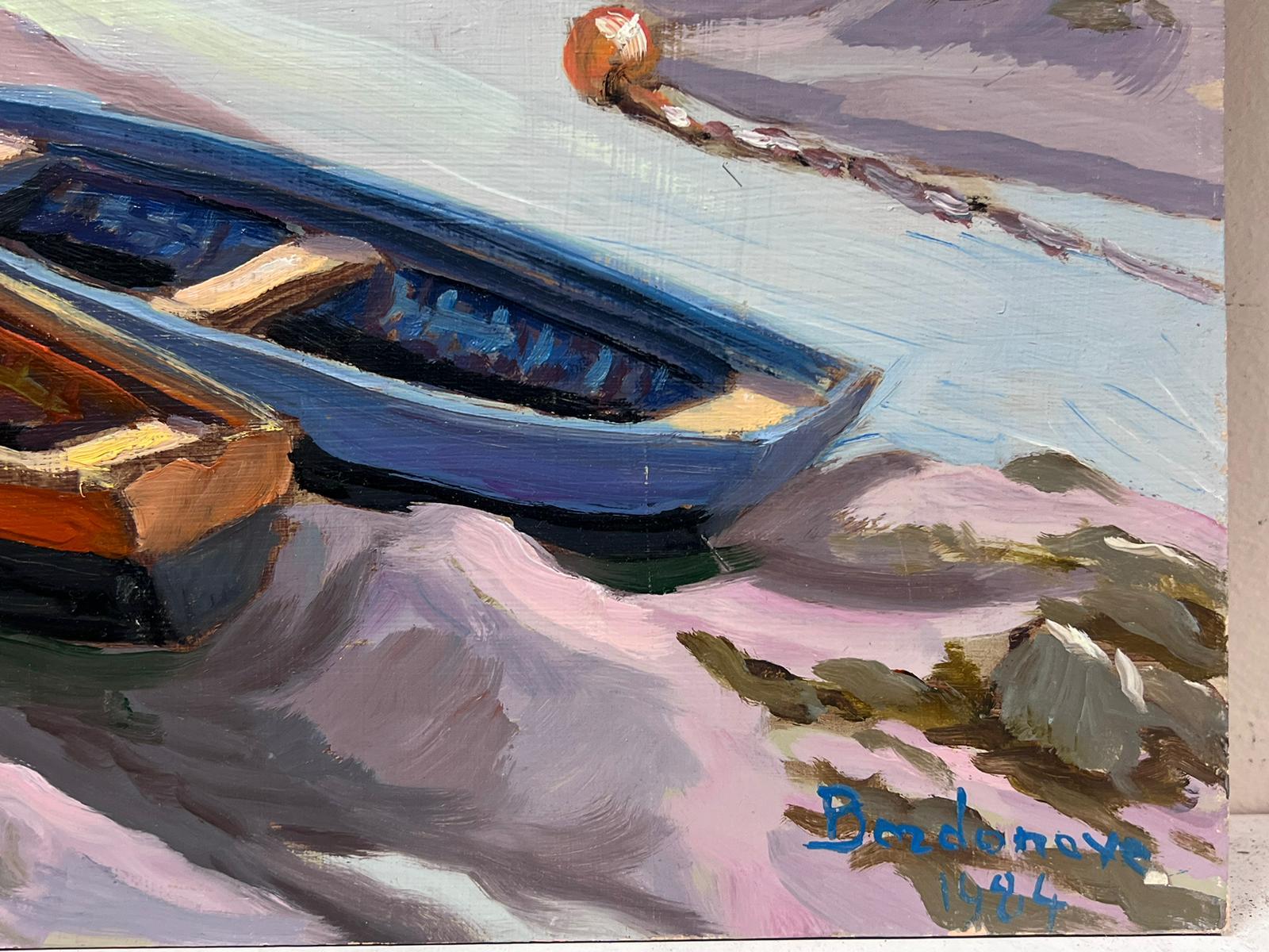 Huile impressionniste française contemporaine Bateaux échoués dans un port côtier - Impressionnisme Painting par Georges Bordonove