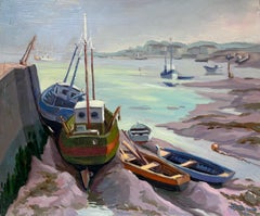 Huile impressionniste française contemporaine Bateaux échoués dans un port côtier