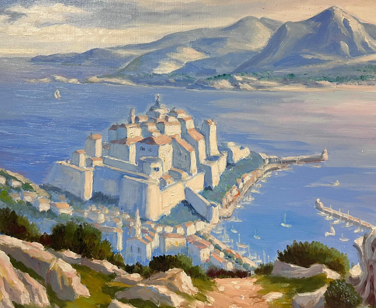 Huile impressionniste française contemporaine Belle ville méditerranéenne Côte portuaire - Impressionnisme Painting par Georges Bordonove