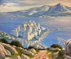 Olio impressionista francese contemporaneo Bellissima città mediterranea Costa portuale