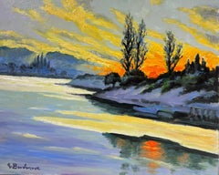 Contemporary French Impressionist Oil Blazing Sunset Over Lake Landscape