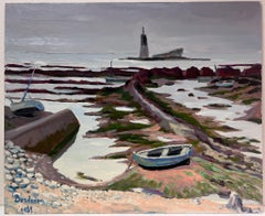 Contemporary French Impressionist Oil Boat In Stone Beach Bay Landscape