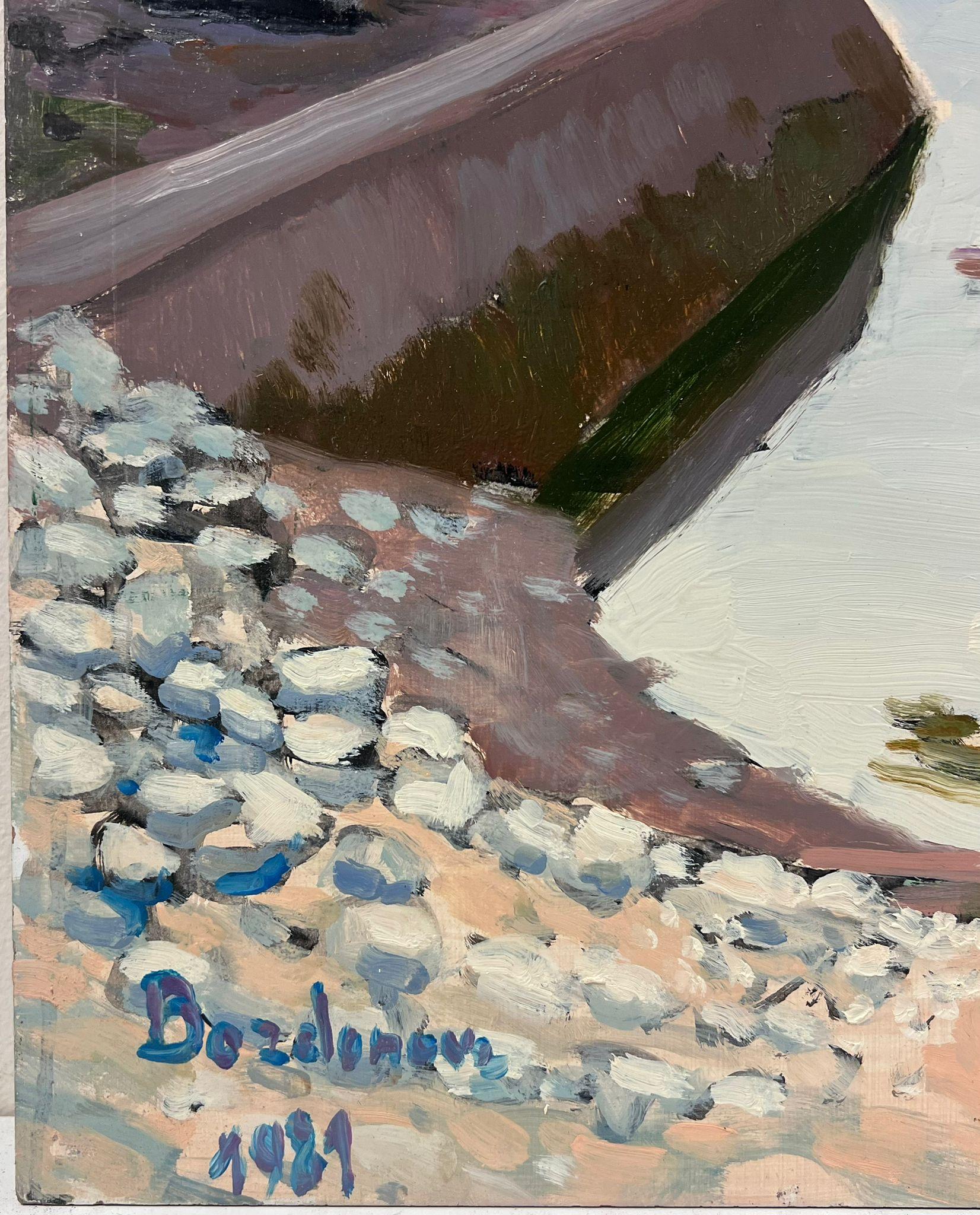Contemporáneo óleo impresionista francés Barco en la playa de Stone Paisaje de la bahía - Painting Impresionista de Georges Bordonove