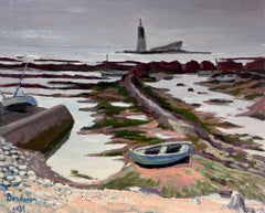 Contemporary French Impressionist Oil Boat In Stone Beach Bay Landscape