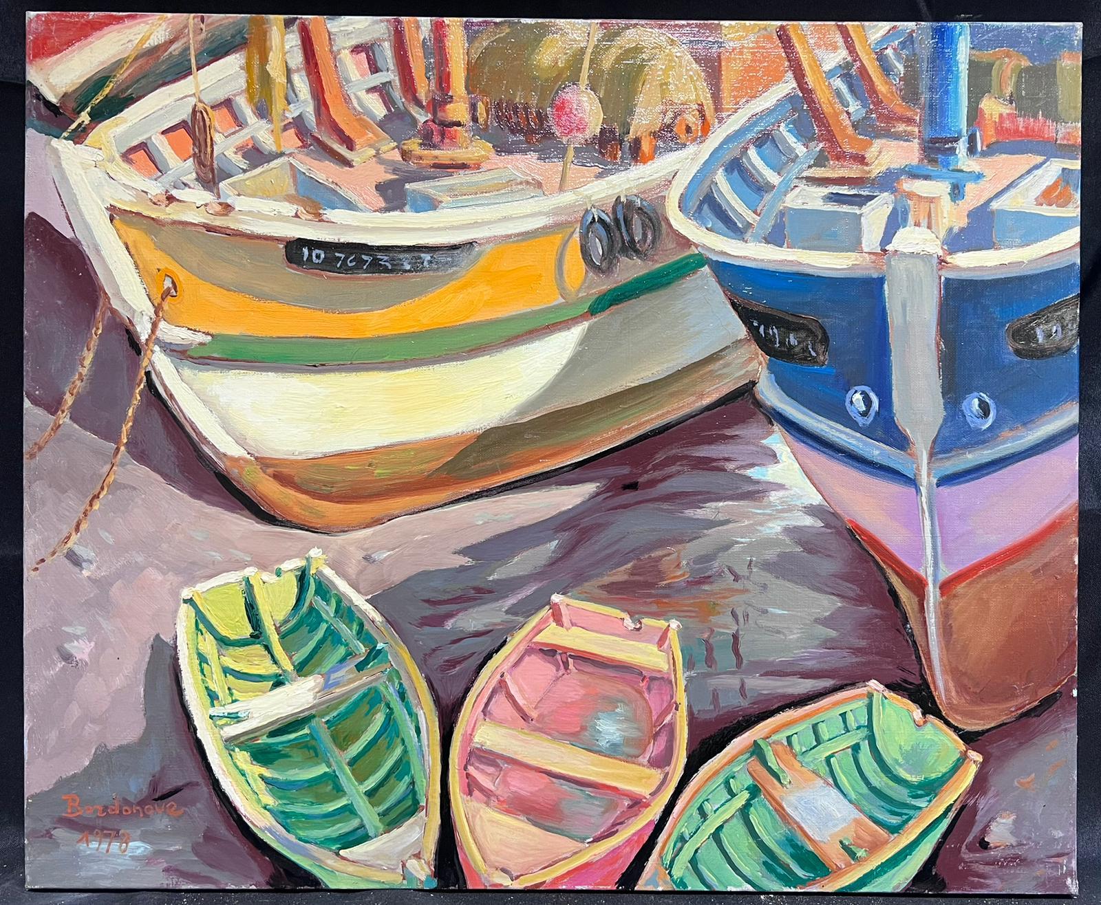 Contemporary French Impressionist Oil Boats Moored in Fishing Harbour - Painting by Georges Bordonove