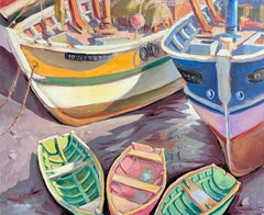 Contemporary French Impressionist Oil Boats Moored in Fishing Harbour