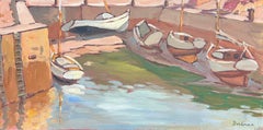 Contemporary French Impressionist Oil Boats Moored in Sleepy Harbor