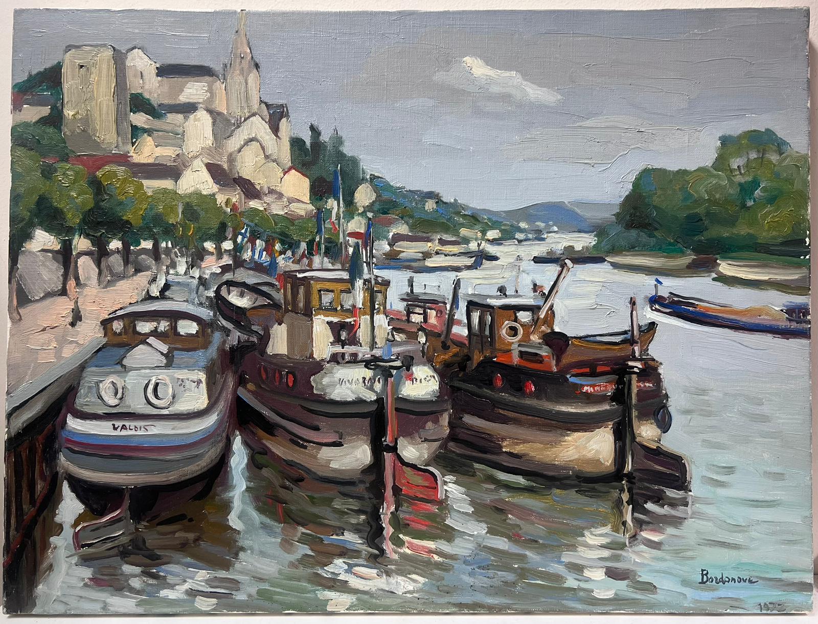 Contemporary French Impressionist Oil Boats Moored on River Quay City View - Painting by Georges Bordonove