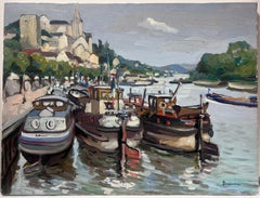 Contemporary French Impressionist Oil Boats Moored on River Quay City View