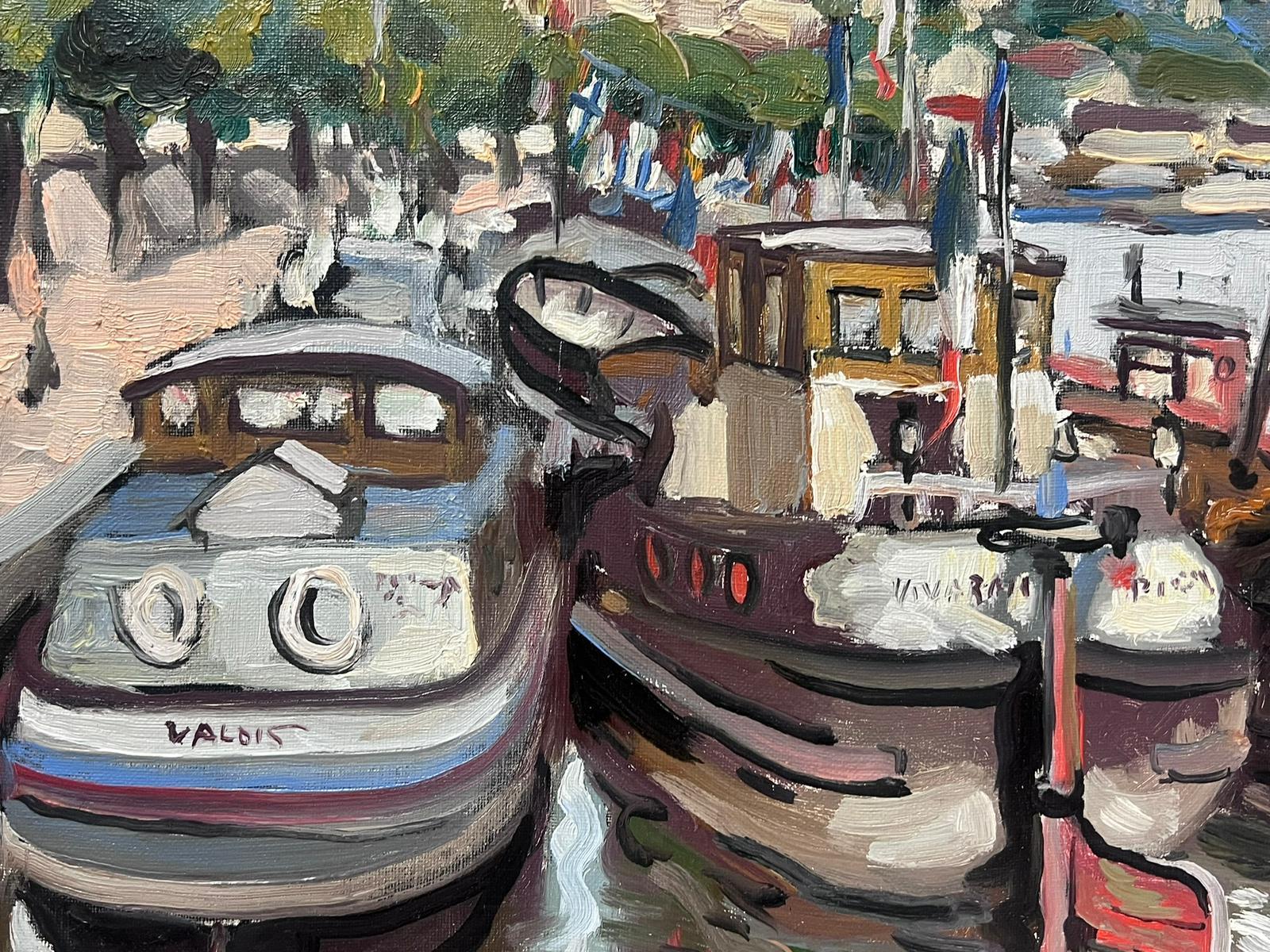 Óleo impresionista francés contemporáneo Barcos amarrados en el muelle del río Vista de la ciudad - Painting Impresionista de Georges Bordonove