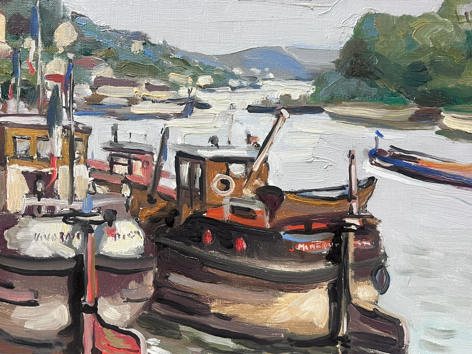 Contemporary French Impressionist Oil Boats Moored on River Quay City View For Sale 1