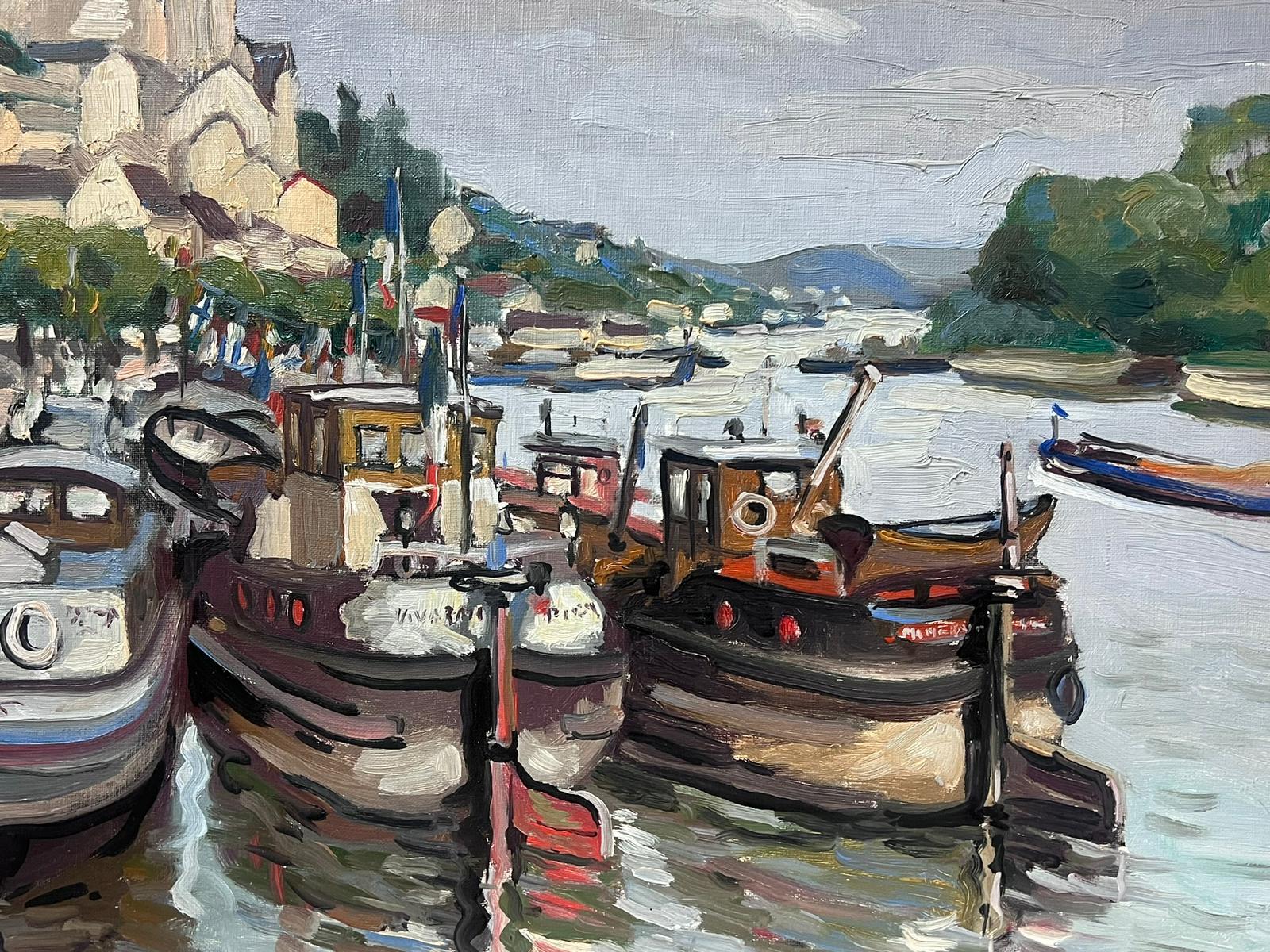 Contemporary French Impressionist Oil Boats Moored on River Quay City View For Sale 3