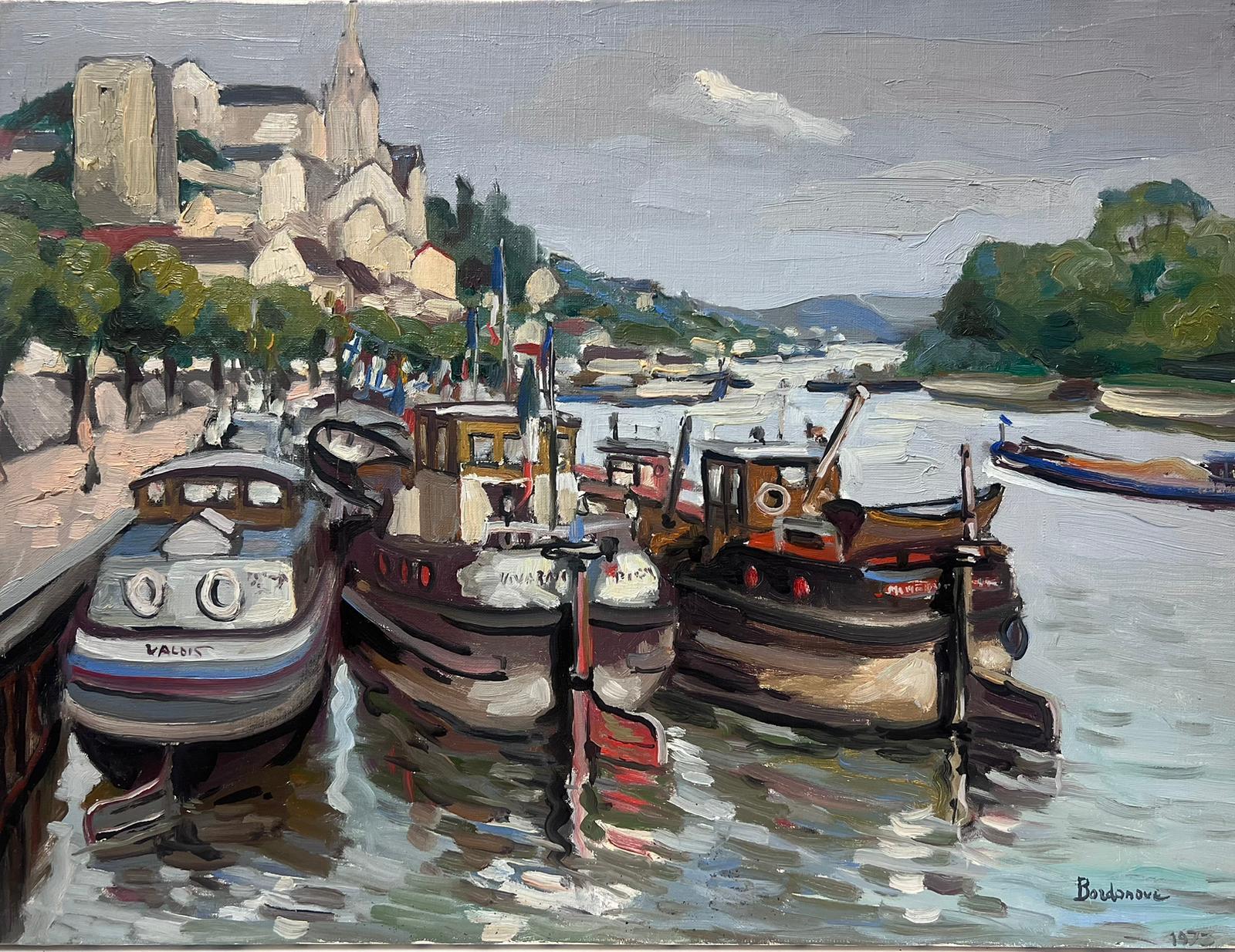 Georges Bordonove Landscape Painting - Contemporary French Impressionist Oil Boats Moored on River Quay City View