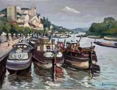 Huile impressionniste française contemporaine Bateaux amarrés sur le quai Vue de la ville