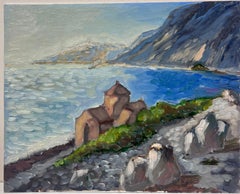 Contemporary French Impressionist Oil Church Along The Blue Sea Coast