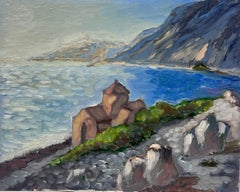 Contemporary French Impressionist Oil Church Along The Blue Sea Coast