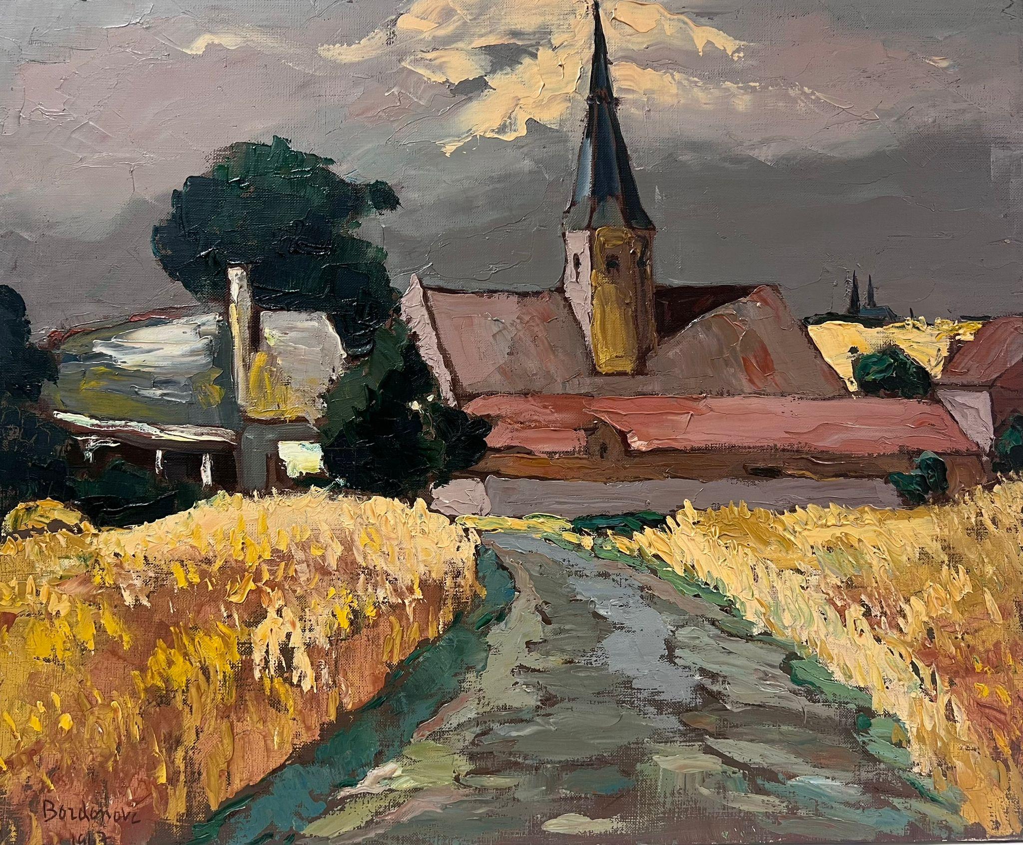 Contemporary French Impressionist Oil Church At The End Of The Corn Fields  For Sale 1