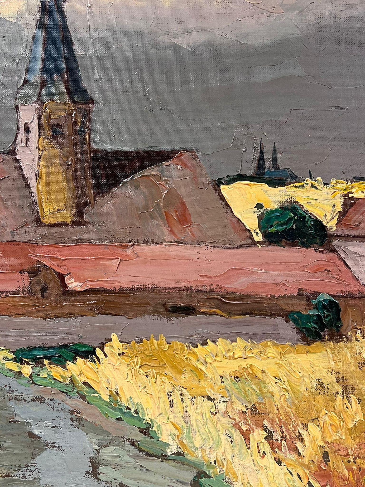 Contemporary French Impressionist Oil Church At The End Of The Corn Fields  im Angebot 3