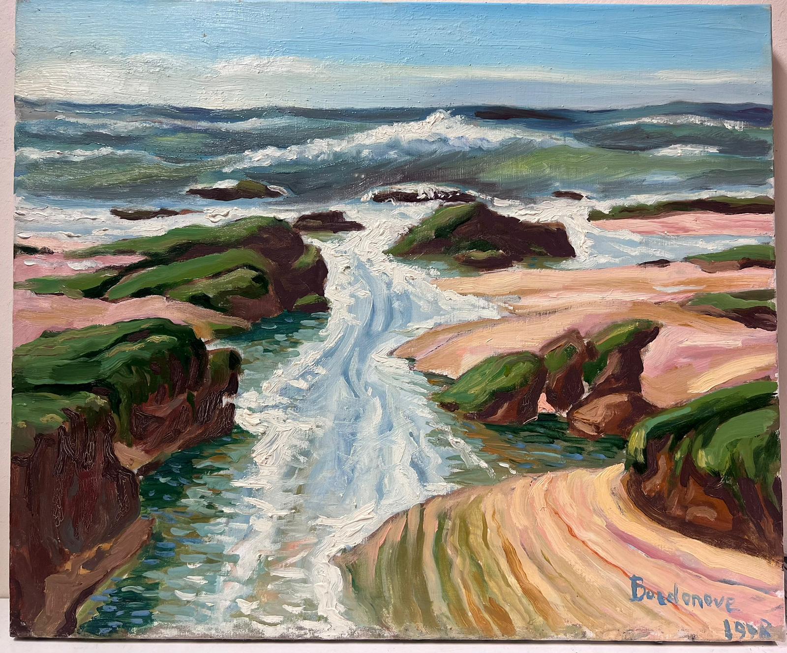 Olio impressionista francese contemporaneo Insenatura costiera verso il mare Onde che si infrangono - Painting di Georges Bordonove