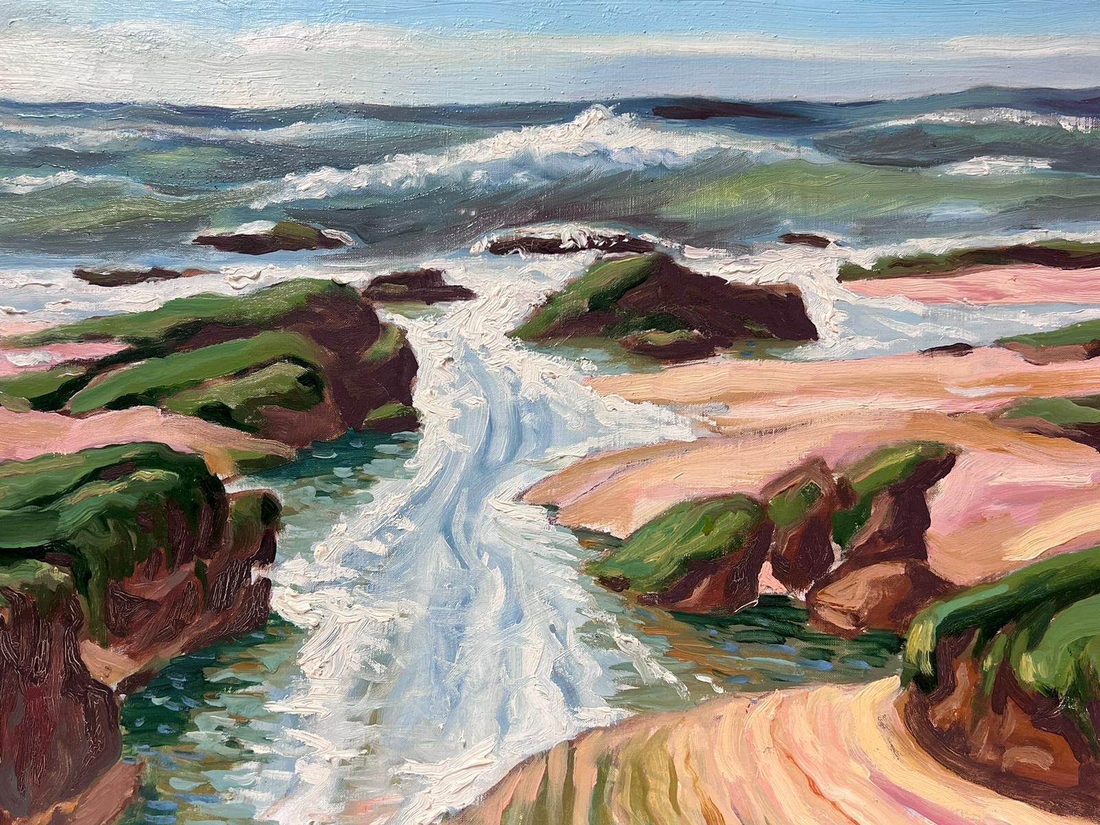 Olio impressionista francese contemporaneo Insenatura costiera verso il mare Onde che si infrangono 1