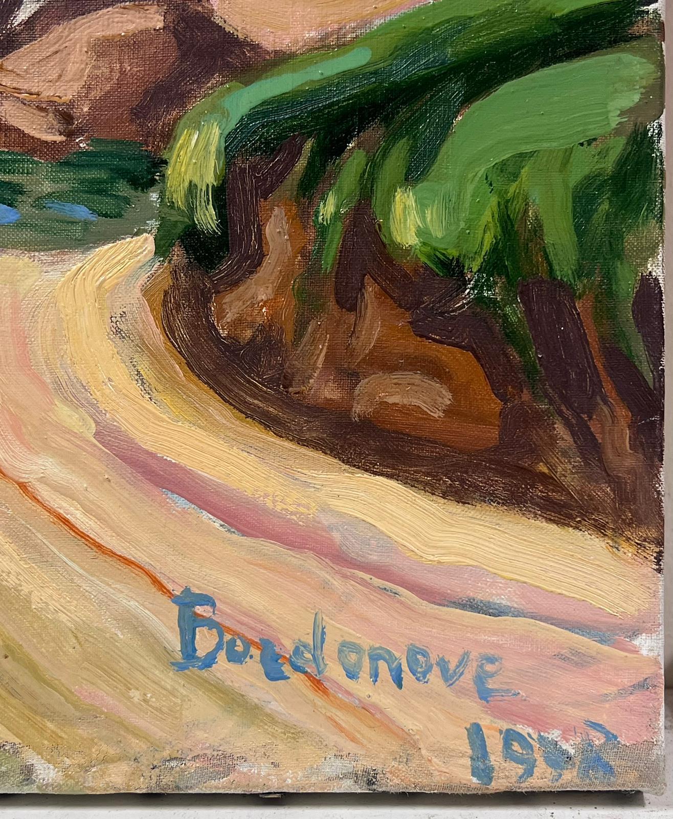 Olio impressionista francese contemporaneo Insenatura costiera verso il mare Onde che si infrangono 2