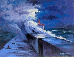 Contemporary French Impressionist Oil Crashing Waves by Harbour Wall Raging Sea