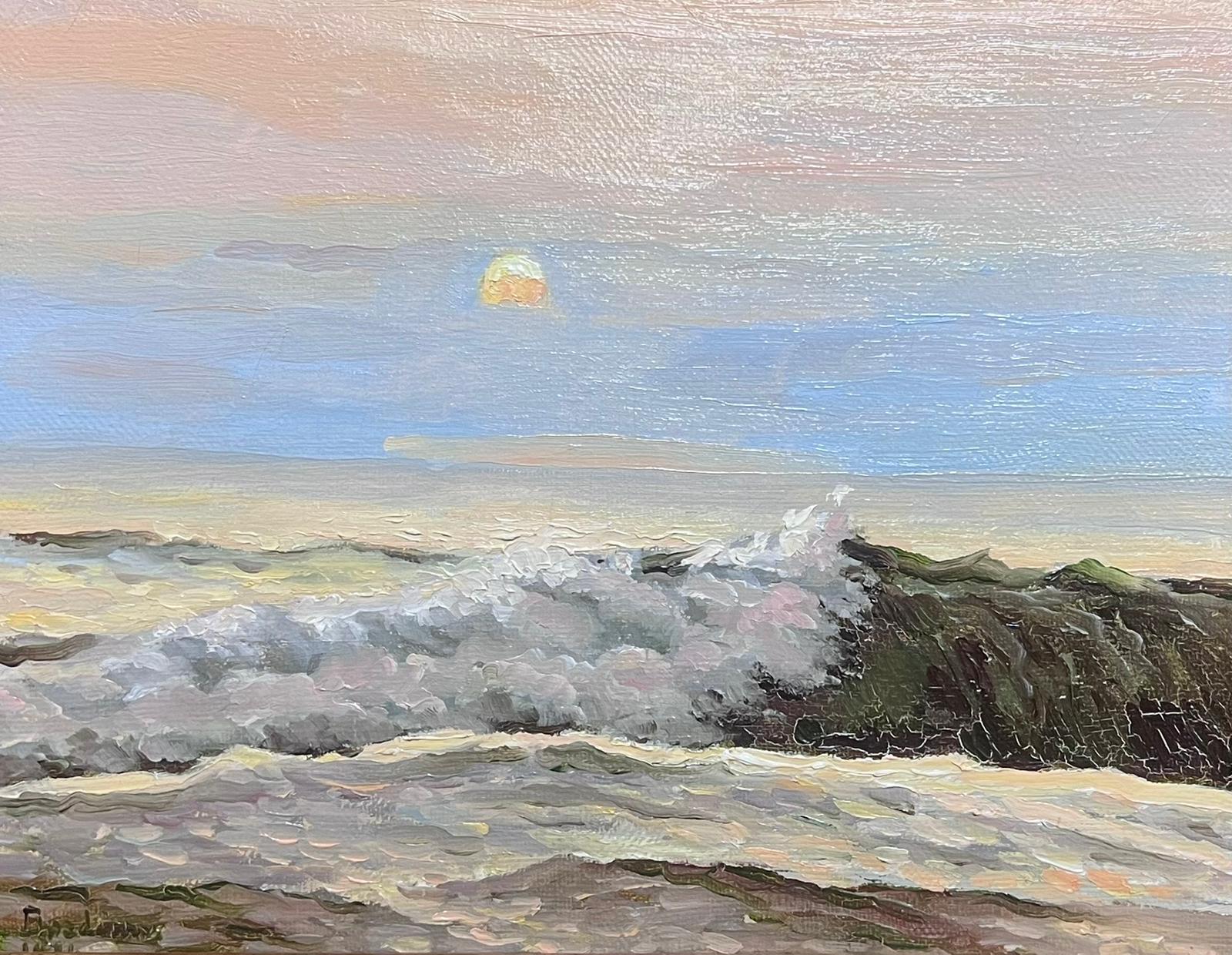 Óleo impresionista francés contemporáneo Olas rompientes Puesta de sol sobre el mar - Painting de Georges Bordonove