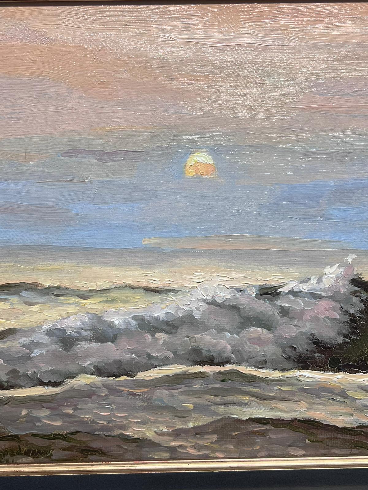 Óleo impresionista francés contemporáneo Olas rompientes Puesta de sol sobre el mar - Painting Impresionista de Georges Bordonove