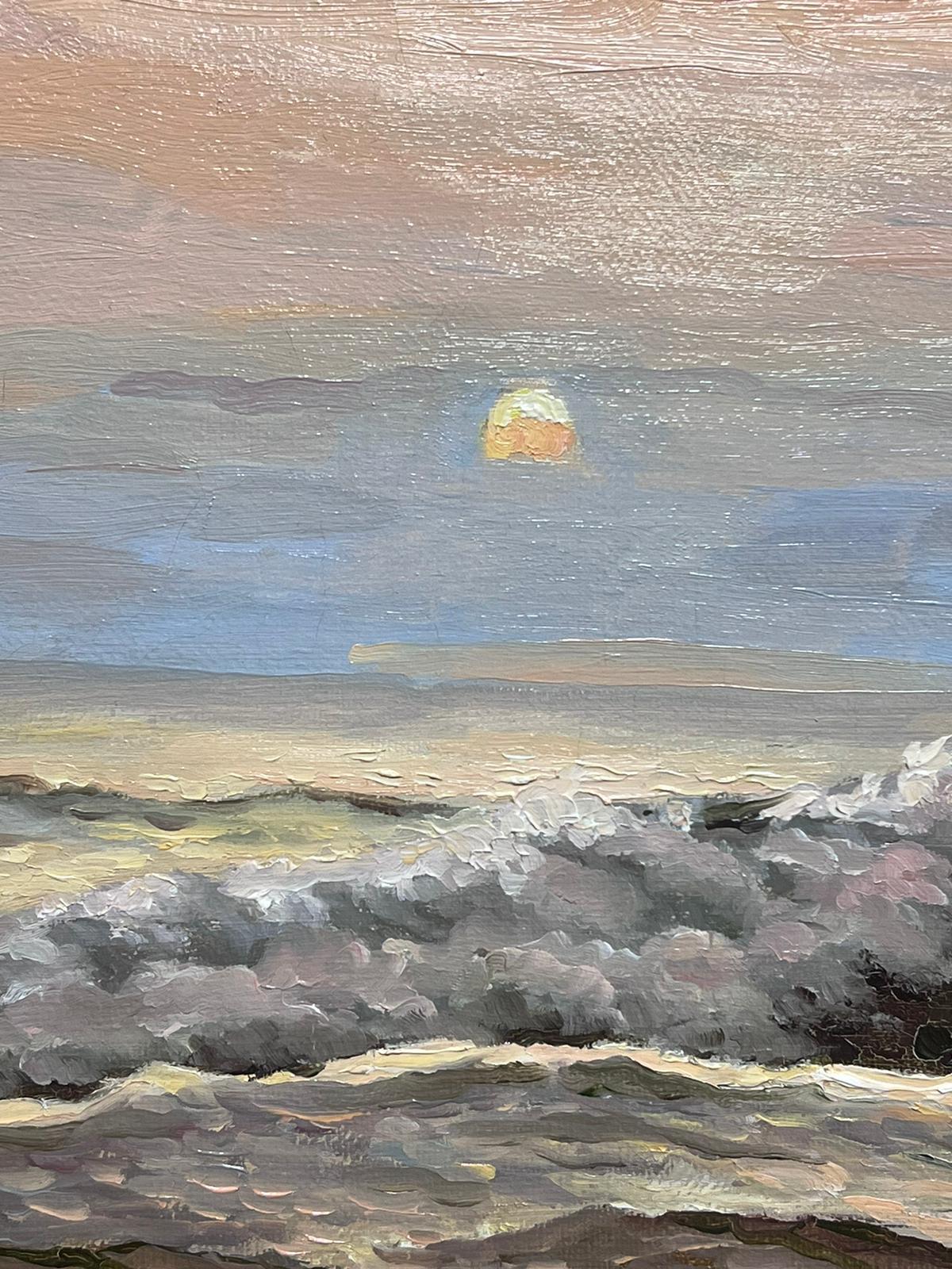 Óleo impresionista francés contemporáneo Olas rompientes Puesta de sol sobre el mar - Landscape Painting Marrón de Georges Bordonove