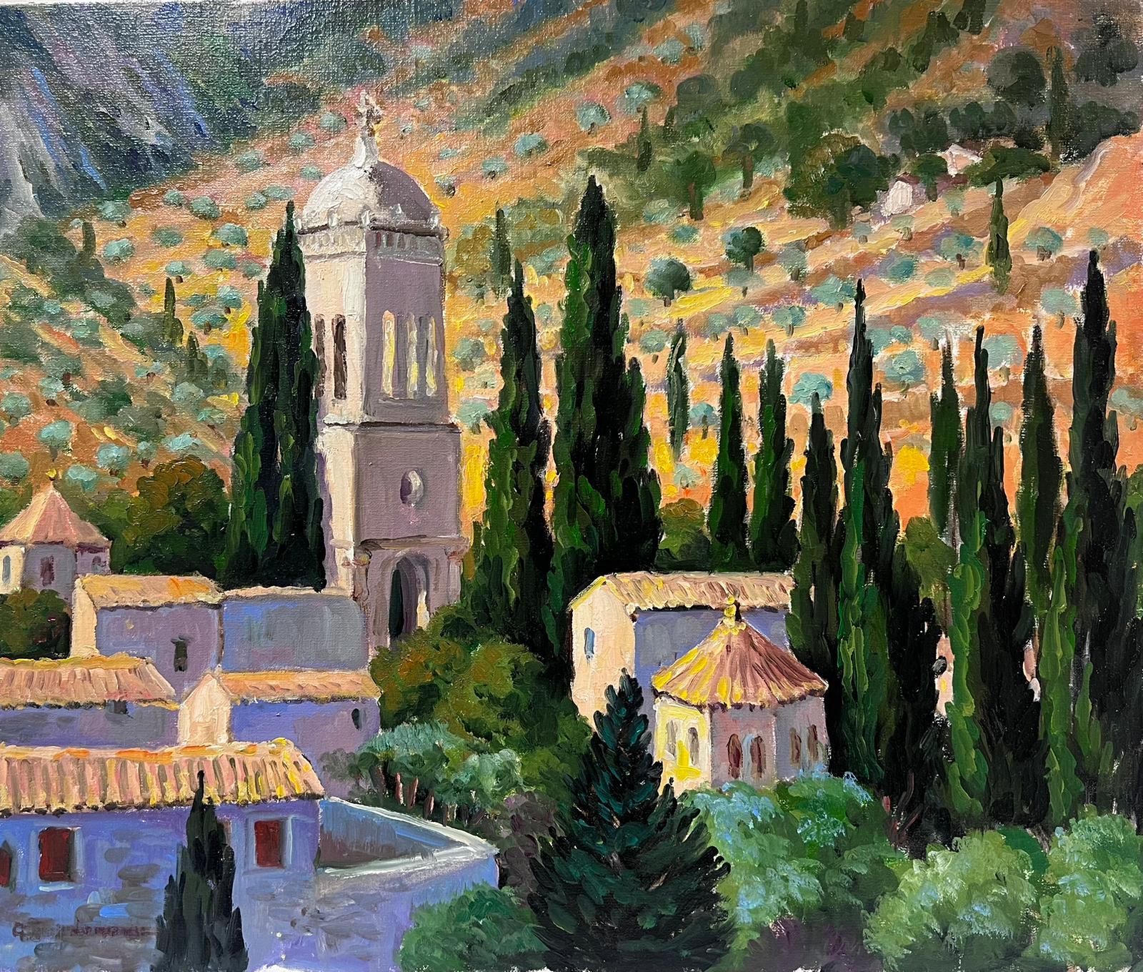 Huile impressionniste française contemporaine Paysage de village provençal avec cyprès - Painting de Georges Bordonove