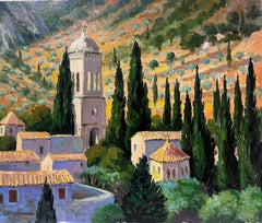 Contemporary French Impressionist Oil Cypress Trees Provence Village Landscape