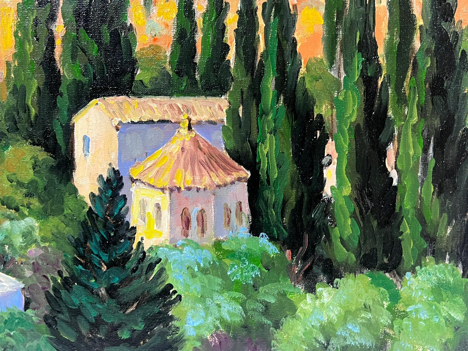 Huile impressionniste française contemporaine Paysage de village provençal avec cyprès - Impressionnisme Painting par Georges Bordonove